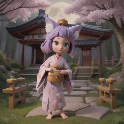 Image For Post Anime Art, Timid yokai (spirit) girl, gentle lavender hair and fox ears, in a serene moonlit forest