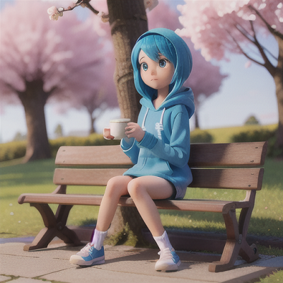 Image For Post Anime Art, Calm hoodie-wearing protagonist, bright blue hair and casual posture, sitting on a bench in a tranquil park