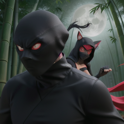 Image For Post | Anime, manga, Enigmatic masked ninja, tall and imposing with hidden features, in a moonlit bamboo forest, silently and gracefully evading an elegant female assassin, a hail of shuriken and kunai whizzing through the air, stealthy black attire and glowing red eyes, intense and shadowy art style, an air of mystery and rivalry - [AI Art, Anime Male](https://hero.page/examples/anime-male-female-duo-themes-stable-diffusion-prompt-library)