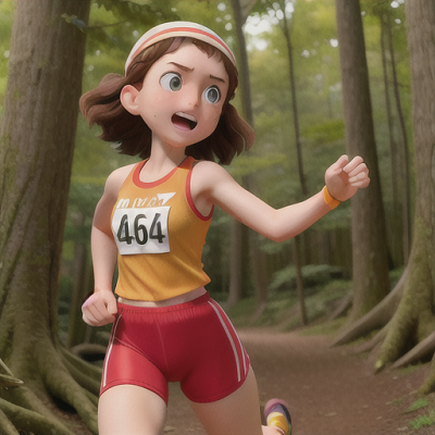 Image For Post Anime Art, Spirited freckled athlete, determined hazel eyes and brown hair flying, running a marathon through a dense f