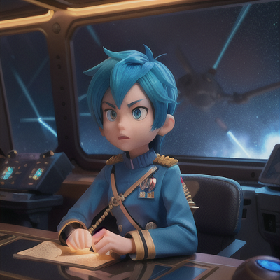 Image For Post Anime Art, Determined space captain, spikey blue hair and scar across the face, on the bridge of an intergalactic battl