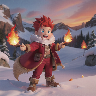 Image For Post Anime Art, Adventurous boy with spiky red hair, ability to control fire, in a snowy mountain landscape