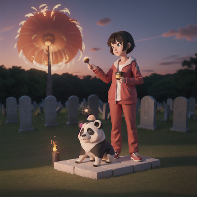 Image For Post Anime, sunset, panda, dog, haunted graveyard, fireworks, HD, 4K, AI Generated Art