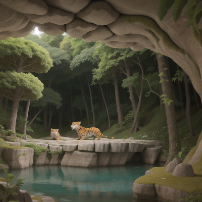 Image For Post Anime, cave, forest, fish, sabertooth tiger, virtual reality, HD, 4K, AI Generated Art