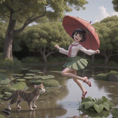 Image For Post Anime, umbrella, dancing, swamp, jumping, cat, HD, 4K, AI Generated Art