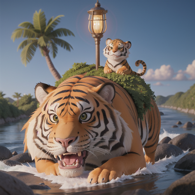 Image For Post Anime, tiger, island, river, lamp, monkey, HD, 4K, AI Generated Art
