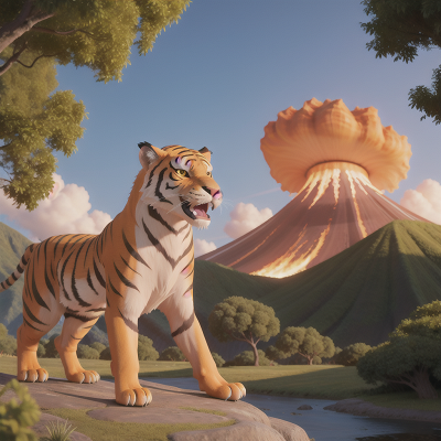 Image For Post Anime, sabertooth tiger, island, volcano, park, clock, HD, 4K, AI Generated Art