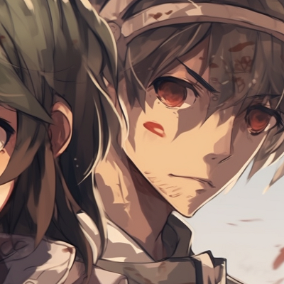 Image For Post | Eren and Mikasa in their Scout Regiment uniforms, striking dynamic poses, sense of motion and urgency. creative matching pfp pfp for discord. - [off](https://hero.page/pfp/off-brand-matching-pfp-matching-pfps-only)