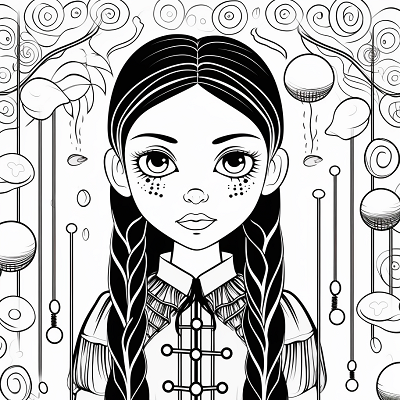 Image For Post | Close up of a bewitching Wednesday Addams; surrounded by magical elements and detailed patterns. printable coloring page, black and white, free download - [Wednesday Addams Coloring Book Pages ](https://hero.page/coloring/wednesday-addams-coloring-book-pages-fun-coloring-for-all-ages)