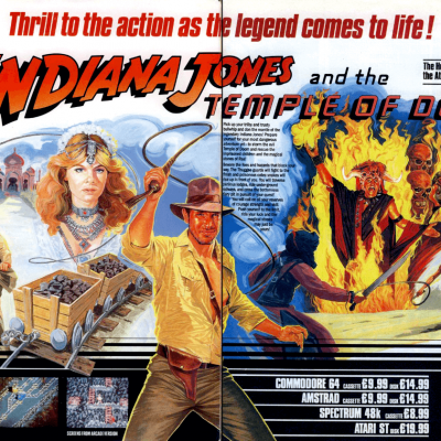 Image For Post | **Description**  
The computer versions of Indiana Jones and the Temple of Doom are conversions of the Atari arcade game based on the second movie in the series. As Indy, the player must complete several cycles of the following three types of levels:

    1. Mine level: Whip your way through a mine in order to free children that are held captive. Use your whip to swing across chasms, climb ladders, ride along conveyor belts and defend yourself against attacks from Thuggee guards, bats, snakes and the fireball-throwing Mola ram. Escape with the mine cart after you've freed all children.
    2. Mine cart level: Pick the right route through a network of tracks while riding in a mine cart. Avoid potholes, broken tracks &amp; guards in carts and safely reach the end of the track.
    3. Temple level: Make your way to the altar and grab the Sankara stone while Mola Ram, bats and Thuggee guards attack you. Watch out for that lava.

With every cycle the mine &amp; mine cart levels become more complex, the layout of the temple levels is always the same. After several cycles there's a showdown with Mola Ram on the rope bridge.

**Trivia**  
Indiana Jones and The Temple of Doom is a 1985 action arcade game developed and published by Atari Games, based on the 1984 film of the same name, the second film in the Indiana Jones franchise. It is also the first Atari System 1 arcade game to include digitized speech, including voice clips of Harrison Ford as Indiana Jones and Amrish Puri as Mola Ram, as well as John Williams' music from the film. 

**Alternate Titles**  
    "Indiana Jones &amp; the Temple of Doom" -- Alternate spelling (Gold Winners! release)