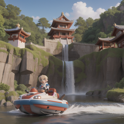 Image For Post Anime, confusion, waterfall, hovercraft, knight, temple, HD, 4K, AI Generated Art