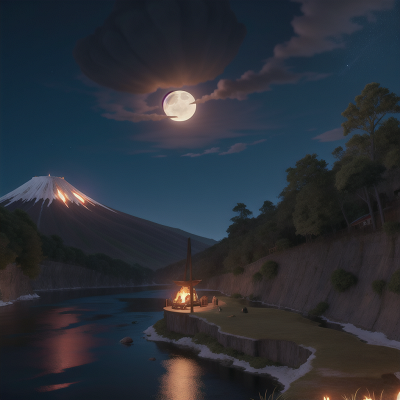 Image For Post Anime, yeti, shield, moonlight, volcano, river, HD, 4K, AI Generated Art