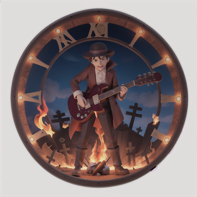 Image For Post Anime, haunted graveyard, clock, detective, electric guitar, fire, HD, 4K, AI Generated Art