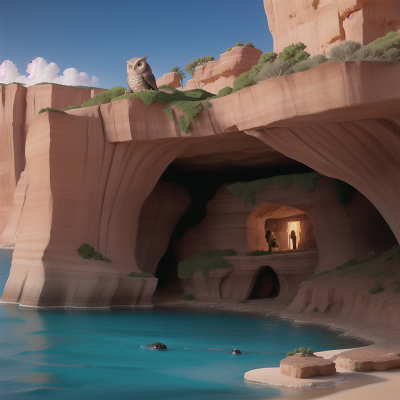 Image For Post Anime, cave, shield, desert oasis, ocean, owl, HD, 4K, AI Generated Art