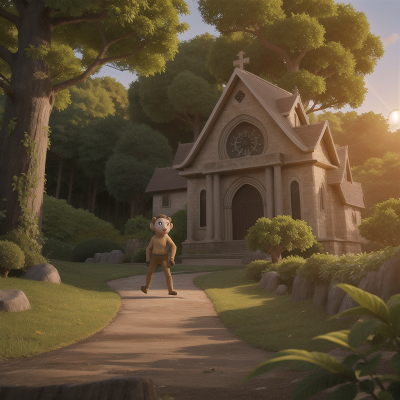 Image For Post Anime, monkey, zookeeper, sunrise, cathedral, forest, HD, 4K, AI Generated Art