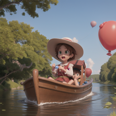 Image For Post Anime, surprise, river, hat, balloon, boat, HD, 4K, AI Generated Art