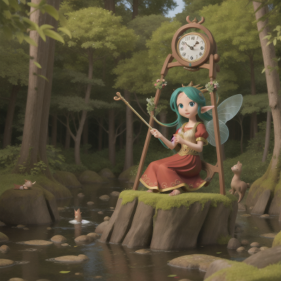Image For Post Anime, harp, clock, forest, fish, fairy, HD, 4K, AI Generated Art