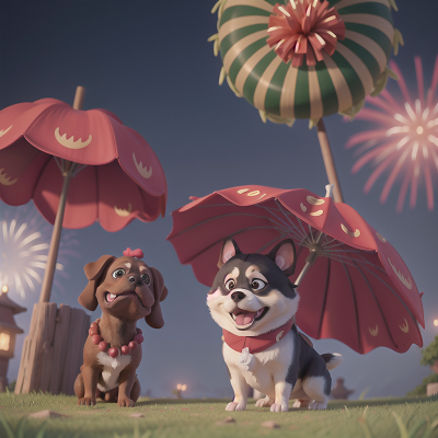 Image For Post Anime, joy, ogre, fireworks, umbrella, dog, HD, 4K, AI Generated Art