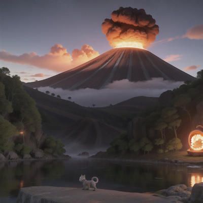 Image For Post Anime, robotic pet, river, fog, volcano, stars, HD, 4K, AI Generated Art