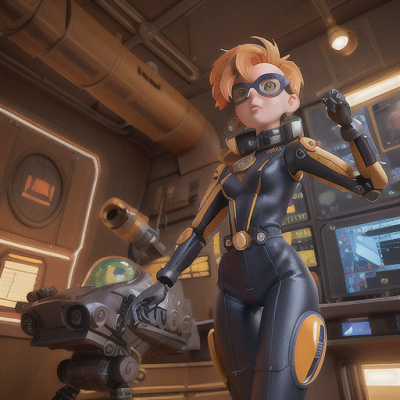 Image For Post Anime Art, Mecha pilot prodigy, spiky golden hair and goggles, at the control room of her massive robot