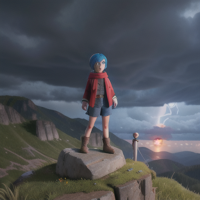 Image For Post Anime Art, Determined weather researcher, blue hair in a short bob, on a windy mountaintop