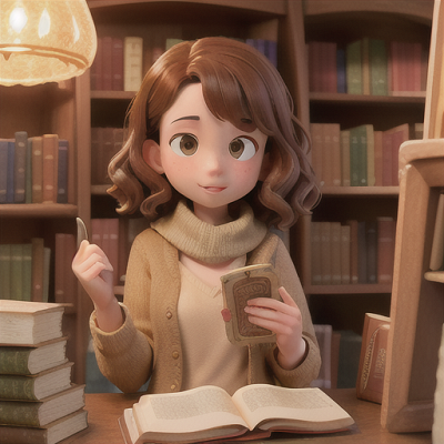 Image For Post Anime Art, Friendly bookstore owner, short wavy brown hair with freckles, in an antique bookshop filled with rare books