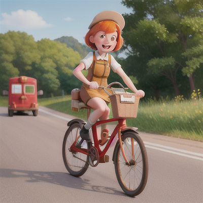 Image For Post Anime Art, Enthusiastic delivery girl, short orange hair with bright eyes, riding a bicycle along a sunlit country road