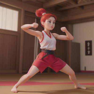 Image For Post Anime Art, Martial arts prodigy, vibrant red hair in a high ponytail, in a serene dojo