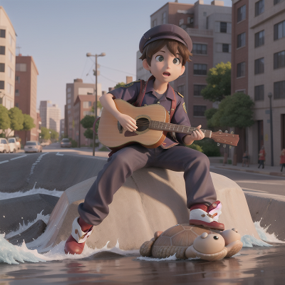 Image For Post Anime, tsunami, musician, police officer, turtle, city, HD, 4K, AI Generated Art