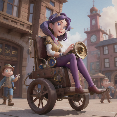 Image For Post Anime Art, Steampunk inventor girl, vibrant violet hair with cog hairpins, in a bustling city square