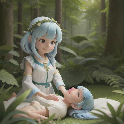 Image For Post Anime Art, Gentle healer girl, soft blue hair and a warm smile, in a lush forest clearing