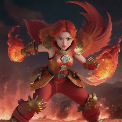 Image For Post Anime Art, Fire-spirited magic warrior, fierce red hair and tiger-like eyes, in the midst of a blazing battlefield