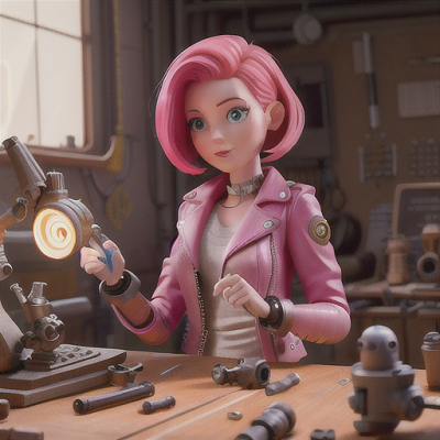 Image For Post Anime Art, Resourceful android inventor, radiant pink hair and mechanical limbs, inside a high-tech workshop