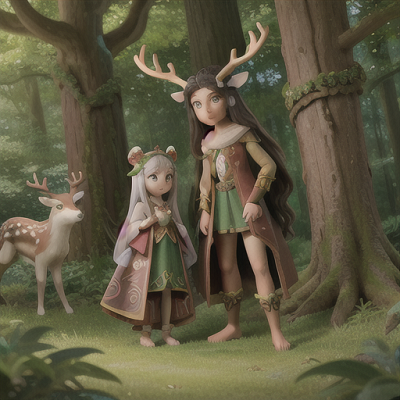 Image For Post Anime Art, Magical forest guardians, long silver-haired girl and dark-haired boy with antlers, amidst an ancient tree g
