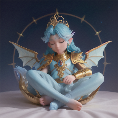 Image For Post Anime Art, Slumbering warrior prince, flowing blue hair with golden accents, within an ethereal crystal palace