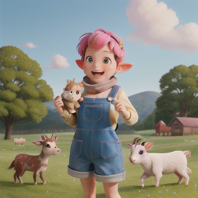 Image For Post Anime Art, Spirited animal caretaker, short pink hair and freckles, surrounded by an array of farm animals in a pastora
