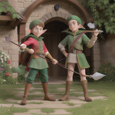 Image For Post Anime Art, Robin Hood-inspired archer elf, emerald green hair and leaf-shaped ears, in front of a medieval castle gate