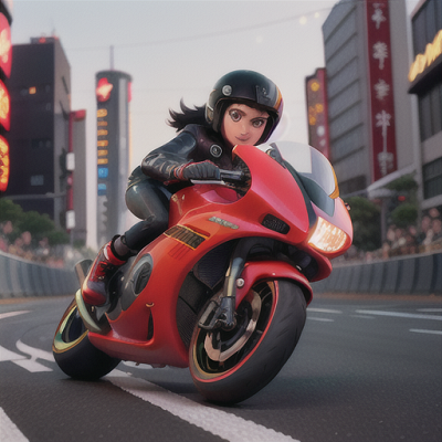 Image For Post Anime Art, Competitive street racer, jet black hair and crimson highlights, on the vibrant streets of a Tokyo-inspired