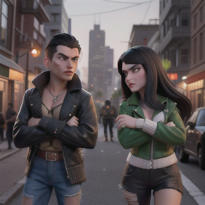 Image For Post Anime Art, Street-smart vigilantes, one with cropped black hair and the other with long emerald hair, in a dark and gri