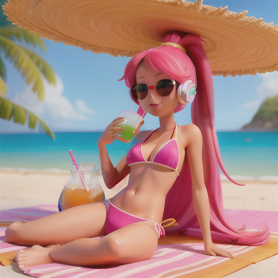 Image For Post Anime Art, Laid-back sunbather, long pink hair in a loose ponytail, sunbathing on a beach towel