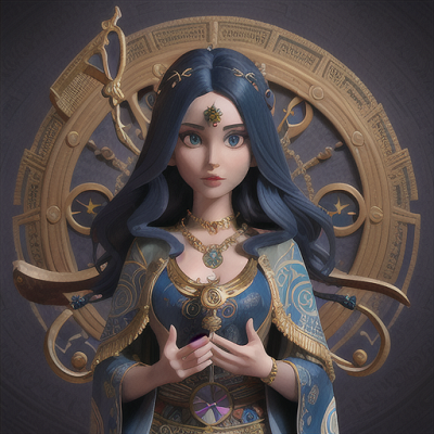 Image For Post Anime Art, Time-manipulating sorceress, dark blue hair with ornate hairpins, in an ancient temple filled with time-alte