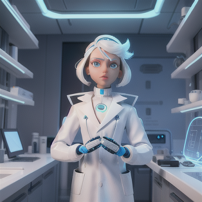 Image For Post Anime Art, Futuristic scientist, icy white hair and bionic eyes, in a high-tech laboratory