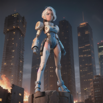 Image For Post Anime Art, Imposing mech pilot, white hair spiked with blue highlights, in the cockpit of a colossal robot