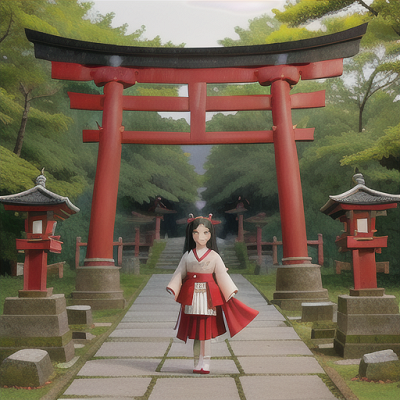 Image For Post Anime Art, Humble shrine maiden, long black hair adorned with red ribbons, at an ancient Shinto shrine