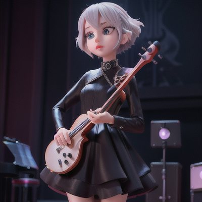 Image For Post Anime Art, Charismatic musician, silver hair cascading over her eyes, on a dimly lit stage