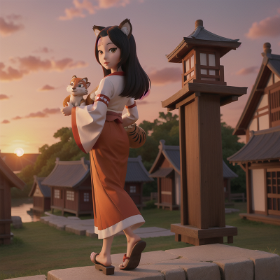 Image For Post Anime, geisha, fox, tiger, village, sunrise, HD, 4K, AI Generated Art