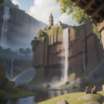 Image For Post Anime, waterfall, fog, book, tower, rainbow, HD, 4K, AI Generated Art