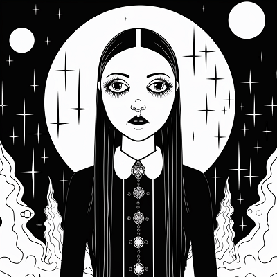 Image For Post | Portrait of Wednesday Addams with an ethereal glow around her; surrounded by intricate celestial designs. printable coloring page, black and white, free download - [Wednesday Addams Coloring Book Pages ](https://hero.page/coloring/wednesday-addams-coloring-book-pages-fun-coloring-for-all-ages)