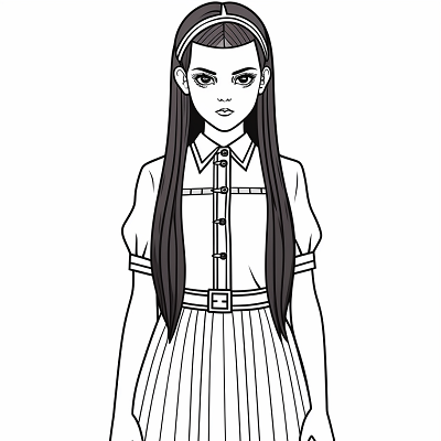 Image For Post | Wednesday Addams in her iconic collared dress and long braided hair; clean lines and bold shapes. printable coloring page, black and white, free download - [Wednesday Addams Coloring Pictures Pages ](https://hero.page/coloring/wednesday-addams-coloring-pictures-pages-fun-and-creative)