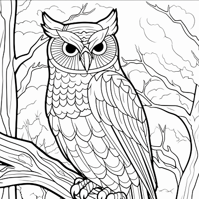 Image For Post | An owl with round eyes perched on a sketched tree branch, surrounded by leaves.printable coloring page, black and white, free download - [Bird Coloring Pages ](https://hero.page/coloring/bird-coloring-pages-free-printable-creative-sheets)